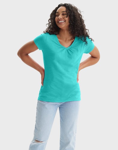 Hanes Women's Slub Jersey Shirred V-Neck T-Shirt Small-2XL