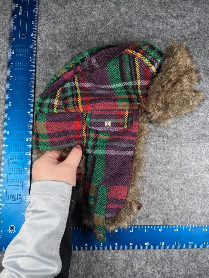 Gorro Trapper adulto talla única púrpura a cuadros lana mezcla de polietileno imitación piel oreja solapa Foto 4 de 4