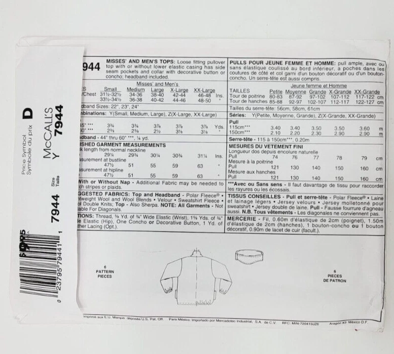 Mccalls 7944 Unisex Fleece Jacket Sewing Pattern sz Sml Med Lrg - Image 2 of 3