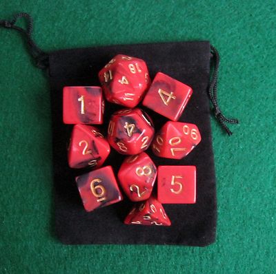 NEW Dragon Fire (Red) RPG D&D Dice Set: 7 + 3d6 = 10 polyhedral die plus bag!