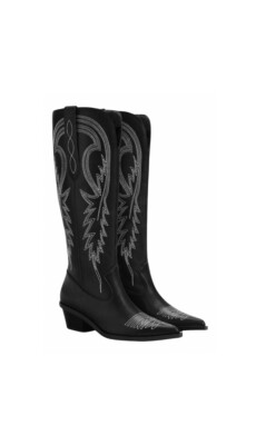 Bershka Leather Cowboy Boots With White Embroidery UK4 37