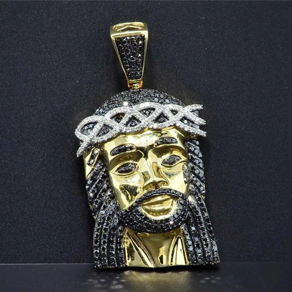 1.60 ct Black Spinel & Diamond 14K Yellow Gold Plated Jesus Face Mens Pendant 2" - Image 2 of 4