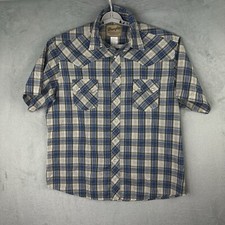 Wrangler Shirt Mens XL Blue Brown Plaid Short Sleeve Pearl Snap Western