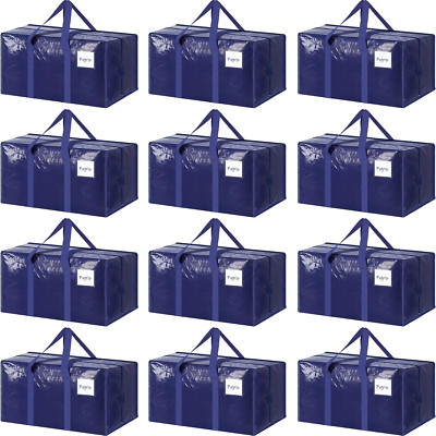 12 Pack Heavy Duty Moving Bags with Zipper & Handles - Dark Blue Storage Totes
