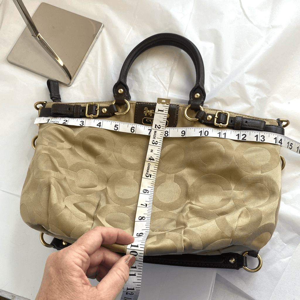 Coach Madison Op Art Sateen Sophia Satchel 2 Way Purse Khaki/Brown
