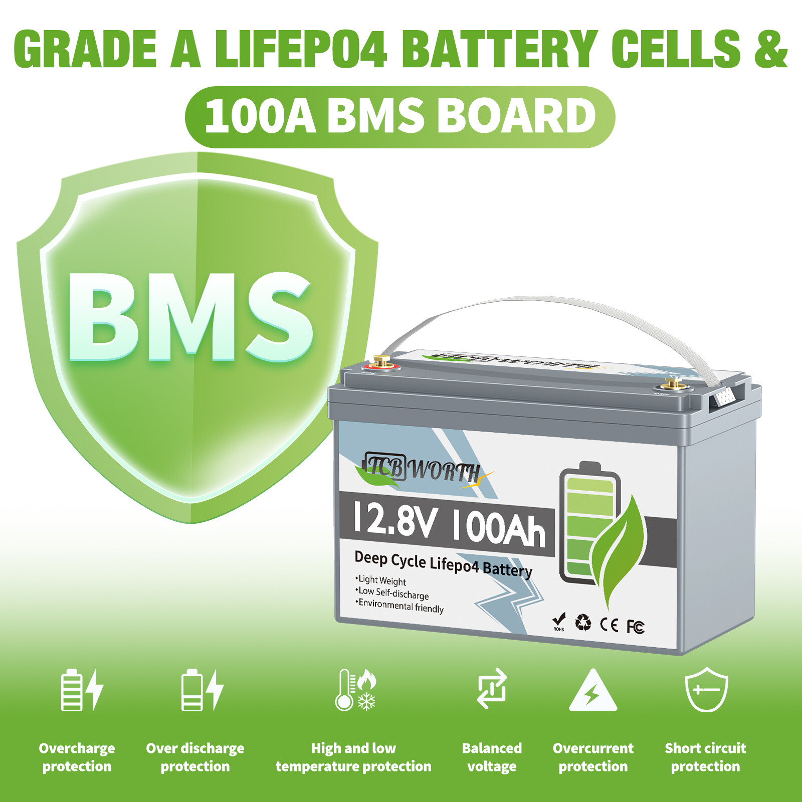 TCBWORTH 12V 100Ah LiFePO4 Lithium Battery for RV Marine Solar System 100A BMS