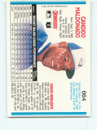 1992 Donruss #664 Candy Maldonado Toronto Blue Jays - Picture 2 of 2
