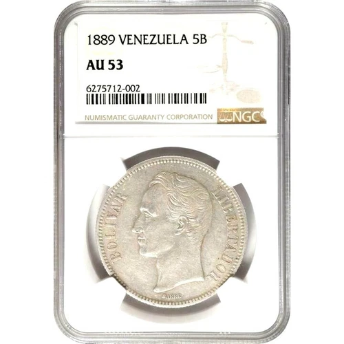 1889 Venezuela 5 Bolivares, NGC AU 53, Rare in AU