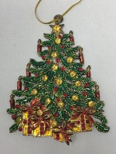 Vtg Gold Tone Metal Christmas Tree Ornament Enamel  Rhinestones 4.5" by 3.5"