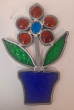 Vintage Stained Glass Flower in Pot Suncatcher Hand Made Window Decoration 5.5"