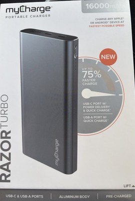 myCharge Razor Turbo 16000mAh Power Bank USB-C PD/USB-A QC, Gray, Cable