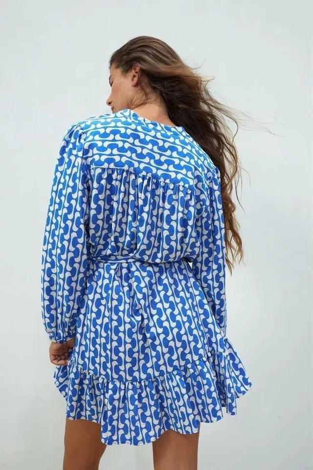 Zara Blue and White Long Sleeve Wrap Dress Geometric Print Summer Resort Size XS image 2