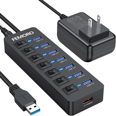 Powered USB Hub 4Ft Cord for PC, 7 USB3.0 Data Ports and 1 Smart Charging Port w