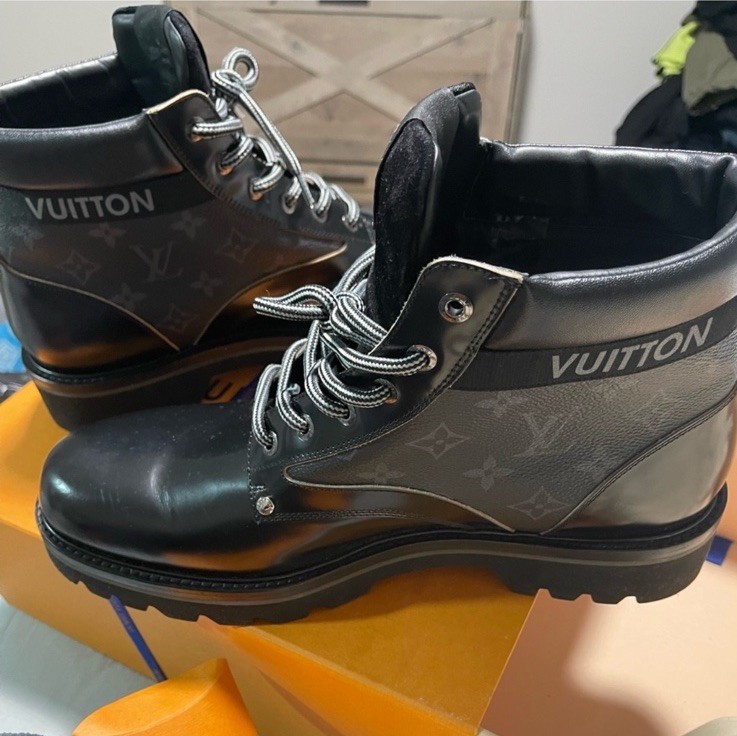 Louis Vuitton Black Monogram Lace-Up Ankle Boots Leather Men's