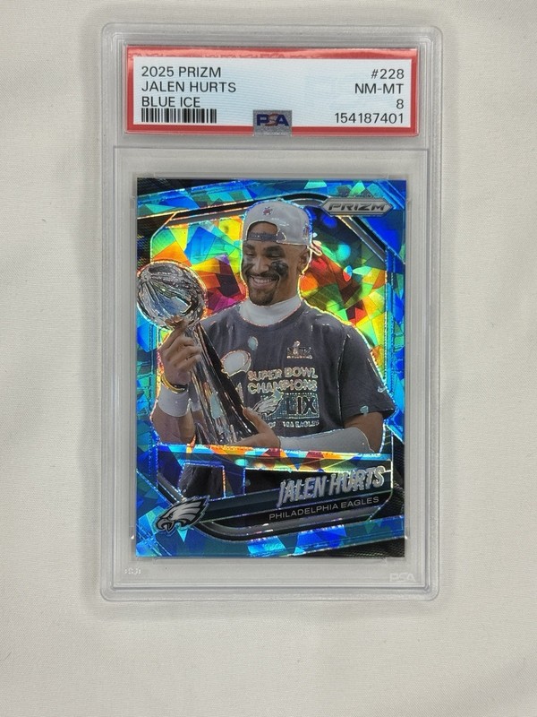 Panini Prizm 2025 Jalen Hurts #228 Blue Ice Prizm /99 PSA 8 Eagles