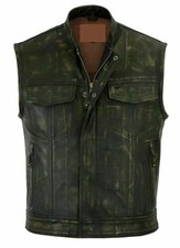 Men's Motorcycle Biker Distressed Leather Vest with Anarchy Club and Gun Pocket