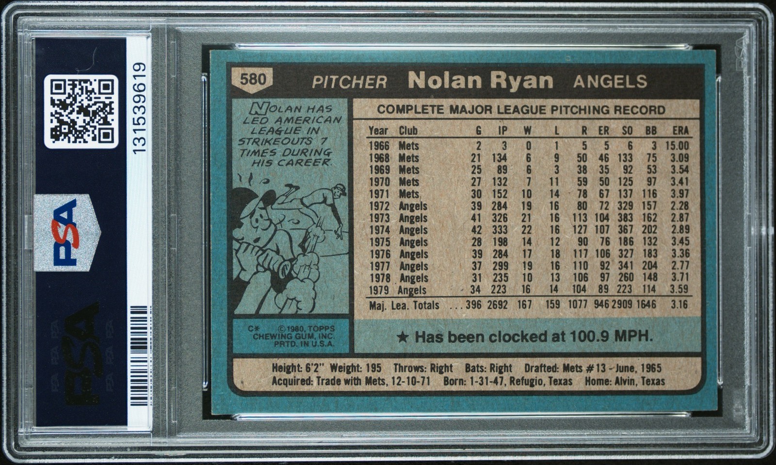 1980 Topps #580 Nolan Ryan HOF Autograph Auto PSA 6 DNA 10 Angels view 2
