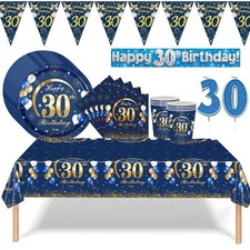 30th Birthday Decorations Mens Blue Gold Party Tablecloth banner balloon supply