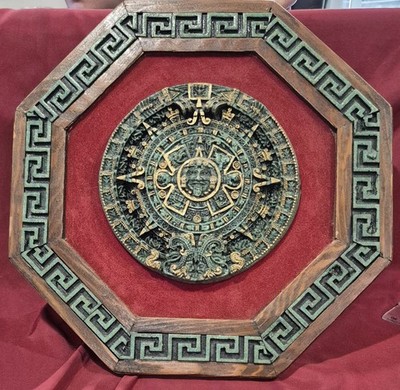 Vintage El Arte Azteca Mexican Malachite Resin Octagon Wall Plaque Calendar 14''