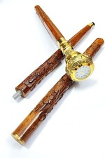 Antique Carved Walking Cane with Brass Clock Handle Handcrafted Wooden Stick Gif