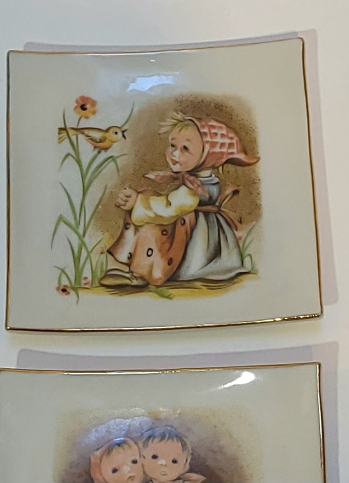 Vtg Hummel Style Set Of 4 Decorative Square Porcelain 3 1/2 Inch Plates Japan 
