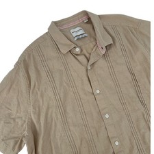 Scotch  Soda Mens Tan Linen Blend Pintuck Guayabera Short Sleeve Shirt Large