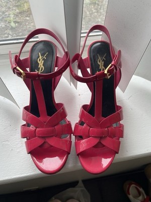 Saint Laurent YSL Tribute Pink Patent Platform Heels Sandals Size 37