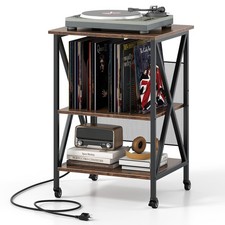 Record Player Stand with Charging Station, Turntable Stand with Record Storag...