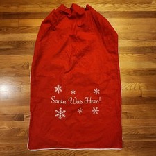 Santa's Toy Bag sack Santa was Here Red, white snowflakes 28 X 43  a tiny bell