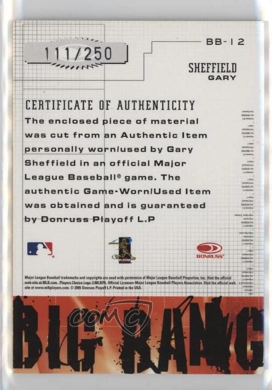 2005 Donruss Leather & Lumber Big Bang Jerseys /250 Gary Sheffield #BB-12 - Image 2 of 2