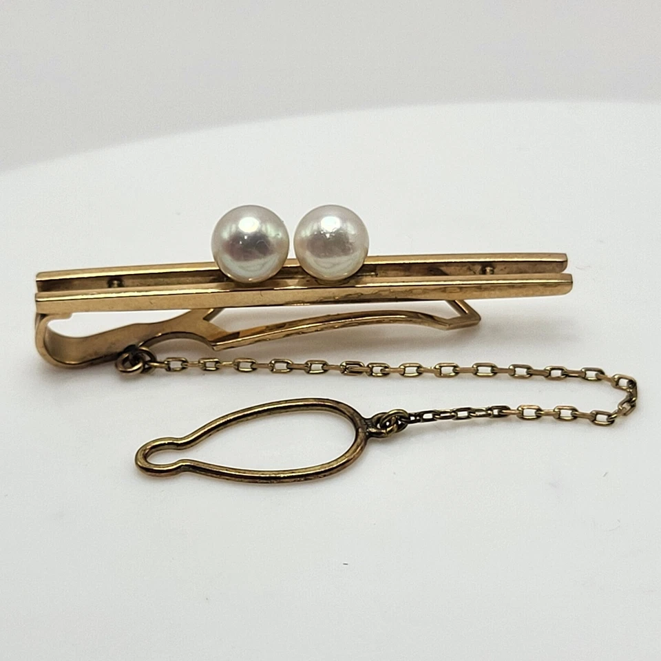 14k Wako Solid Yellow Gold Tie Clip Japan Vintage 4.2 Grams 5.55 mm Pearls RRP  - Image 3 of 4