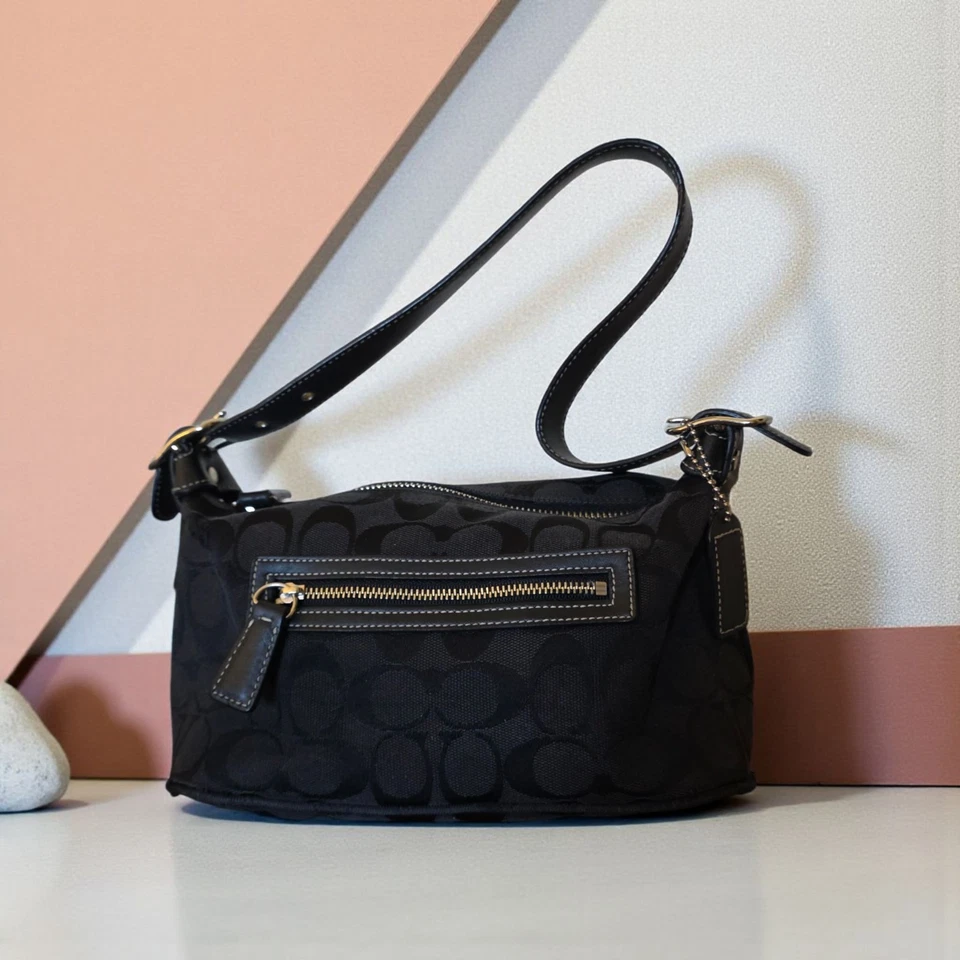 Bolso de Hombro Coach Signature Negro Jacquard Demi 6044 Cuero Y2K Cartera Pequeña Foto 2 de 4