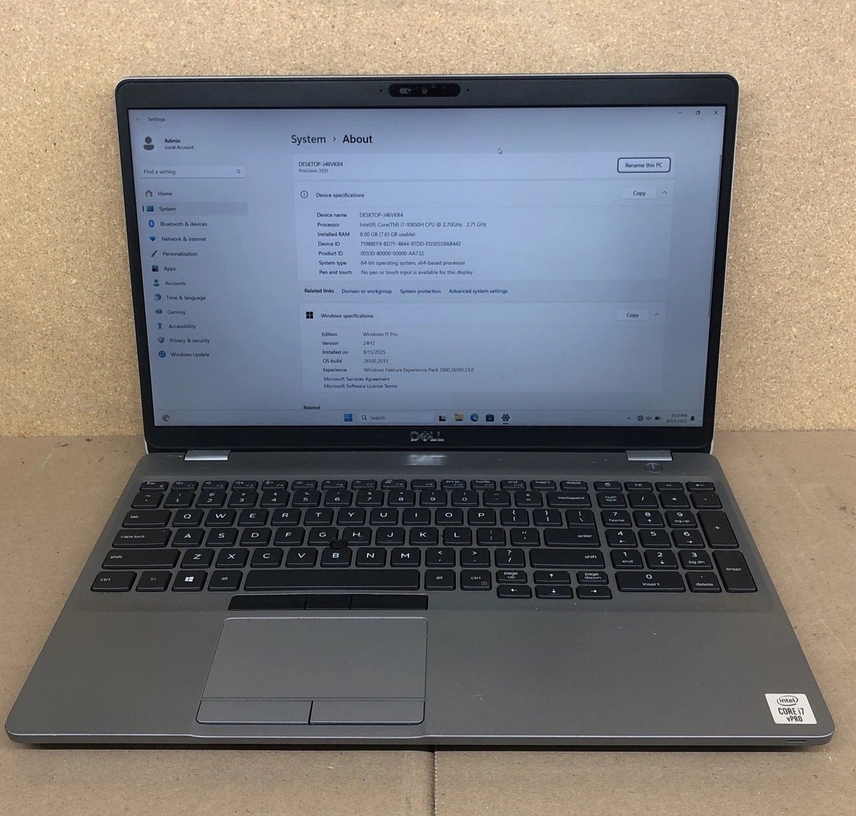 Dell Precision 3551 Intel Core i7-10850H @2.70GHz 8GB RAM 250GB