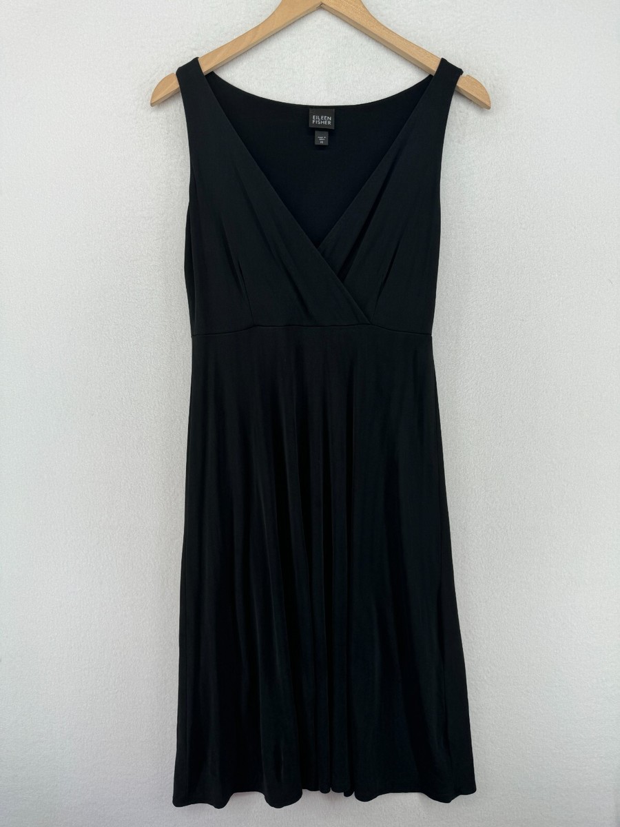 eileen fisher silk jersey dress XS Faux Wrap V-Neck Sleeveless A-Line Black grateful dead clothing