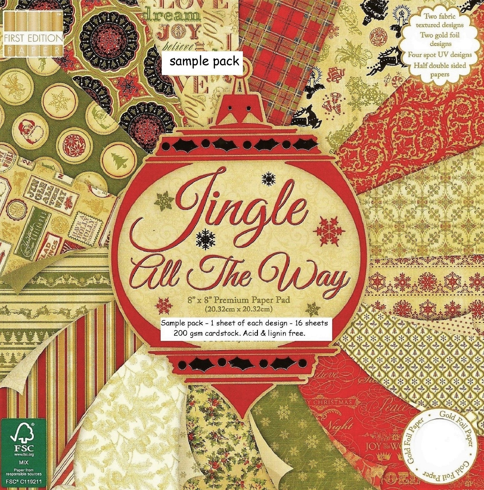 JINGLE ALL THE WAY Dovecraft 8 x 8 Sample Paper Pack 16 Sheets 200gsm Christmas