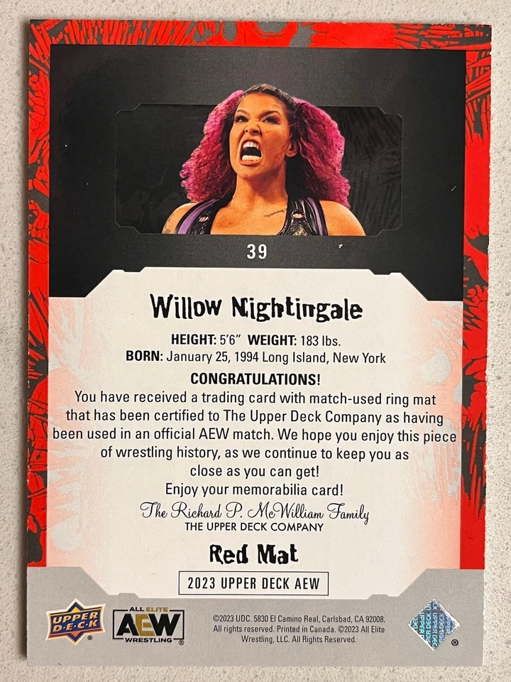 2023 AEW Willow Nightingale Red Ring Mat 50/50 Trading Card Mint #88543 - Image 2 of 2