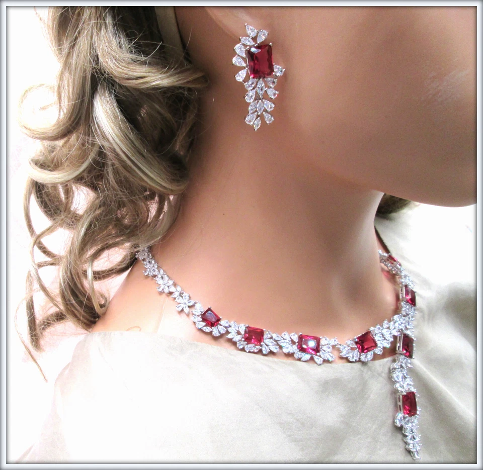 Ruby cushion cut gemstone Necklace Earrings Set For Brides And Weddings - Image 3 of 4
