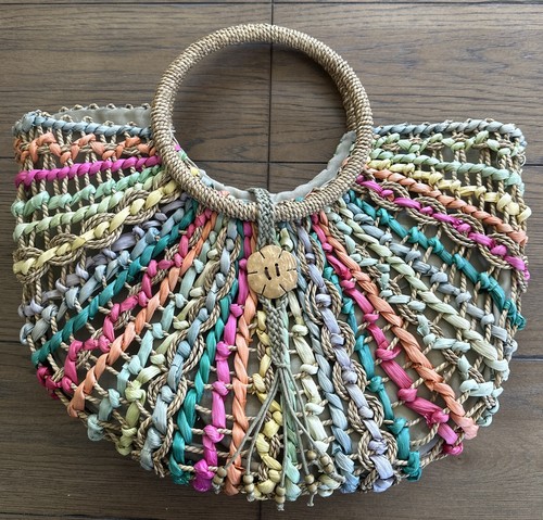 Vtg Cappelli Straw Purse Tote Lined Multicolor Summer Boho Raffia Beach Bag - Picture 3 of 22