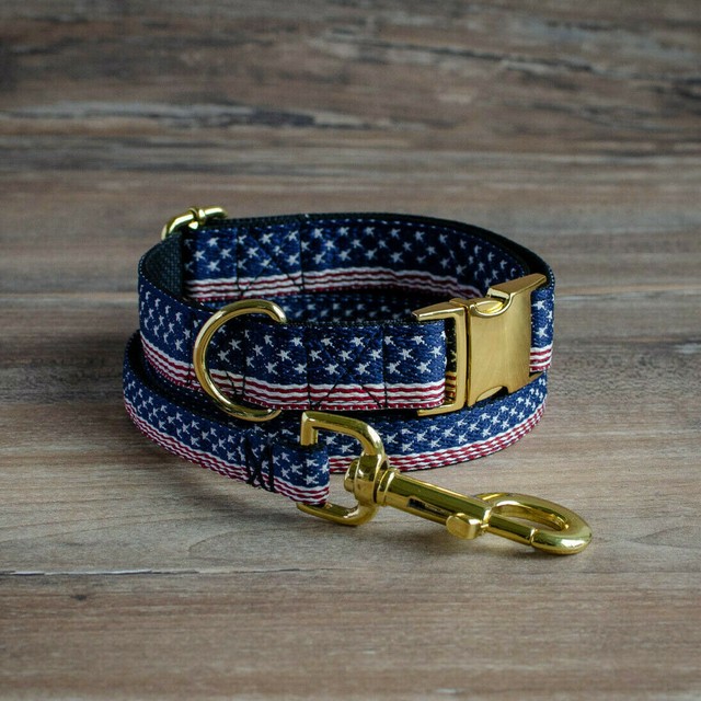USA Flag Dog Collar Leash Set American Patriotic MAGA Trump Collars