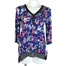 Simply Vera Women's Tunic Top size X-Small blue/navy rayon spandex Floral splash
