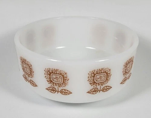 Vintage Federal Glass Bowl White Milk Glass Brown Sunflowers Floral 1 Cup MCM