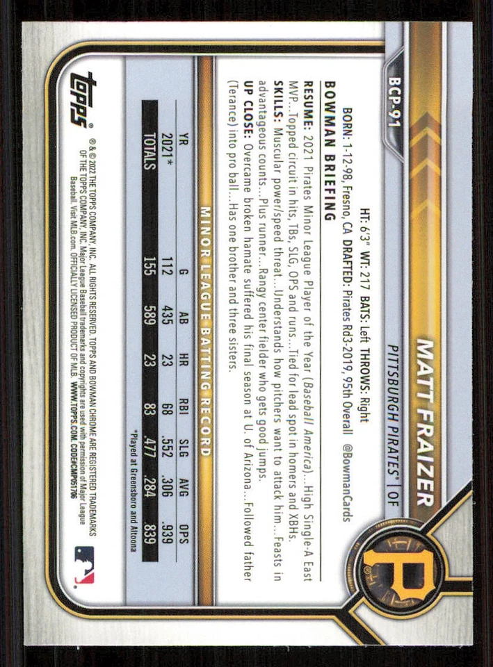 2022 Bowman Chrome Prospects #BCP91 Matt Fraizer - Image 2 of 2