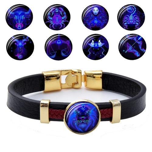 Lederarmband Sternzeichen Horoskop Mode Herren Damen Unisex Schwarz Charme - 第 1/13 張圖片