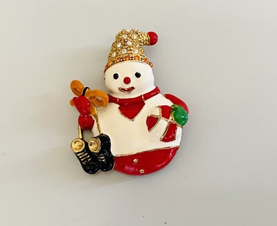 Broche Vintage Bonhomme De Neige En Émail - 3,3cm - Occasion Très Bon État