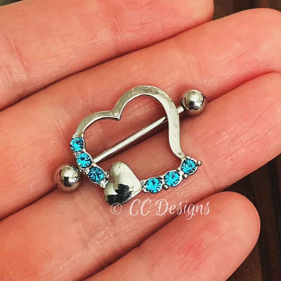 Par de anillos de pezón brillantes de doble corazón azul circonita cúbica de 14 g barra protectora (J138) Foto 2 de 3