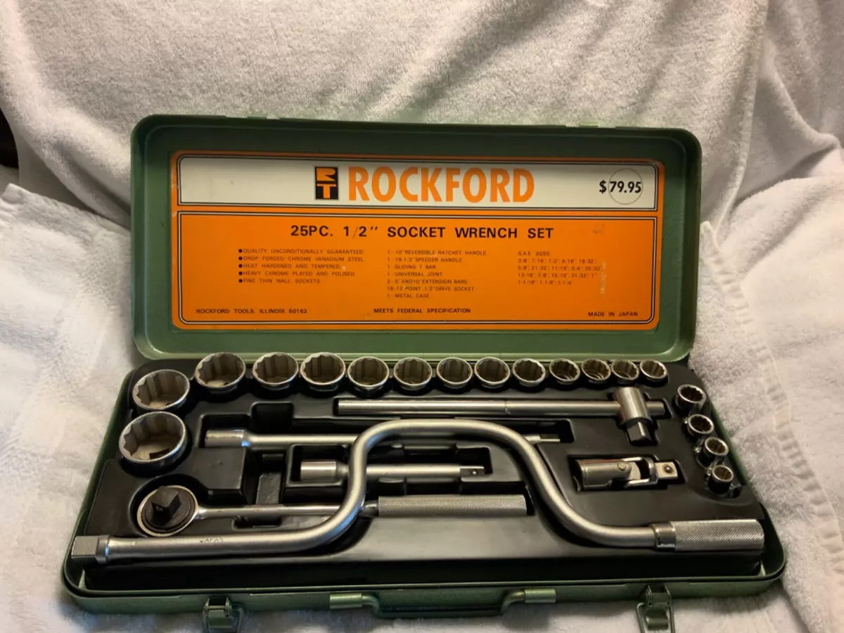 Vintage Rockford 25 piece 1 2 inch drive socket set W case Japan