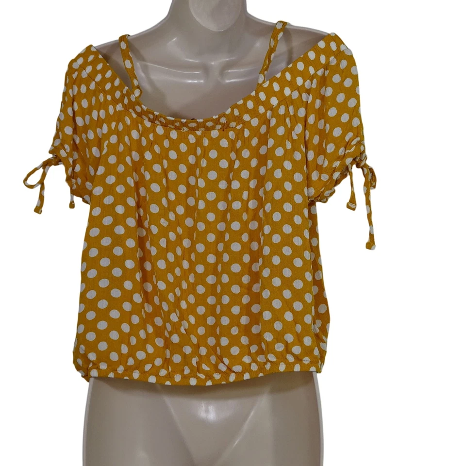 Almost Famous Yellow Gold Polka Dot Off-Shoulder Crop Top Blouse Women Size L   - Image 3 of 4