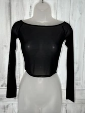 JOAH BROWN BLACK BOAT NECK SHEER MESH LONG SLEEVE CROPPED TOP SHIRT OS ONE SIZE