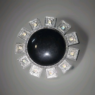 #ad Vintage Hard 2 Find XL LANDAU Art Deco Brooch Pin Starburst Black Cab Iridescent $52.00
