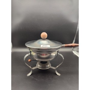 Vintage Stainless Steel Chafing Dish Fondue Set Wood Handle Mid Century